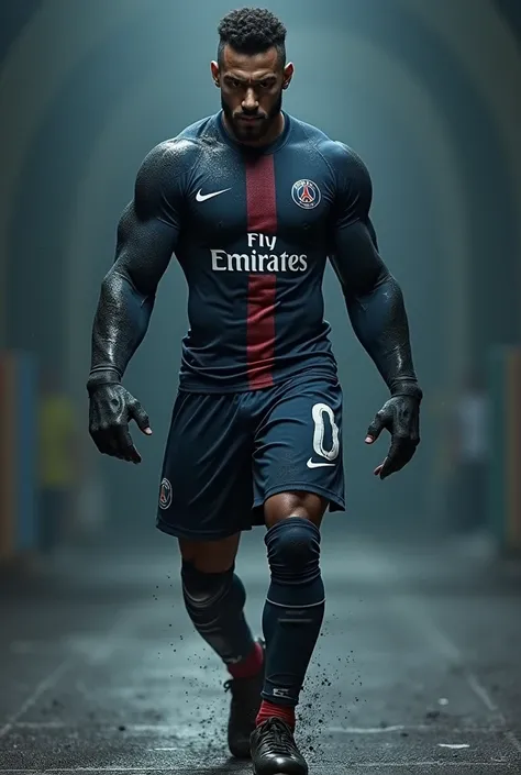 Imagine Neymar Jr , But with a cosplay of a powerful warrior.  It is in an imposing posture ,  looking like a being from another planet , And he's dressed in a completely torn PSG suit,  showing off his incredible muscles .  His body is ultra realistic ,  ...