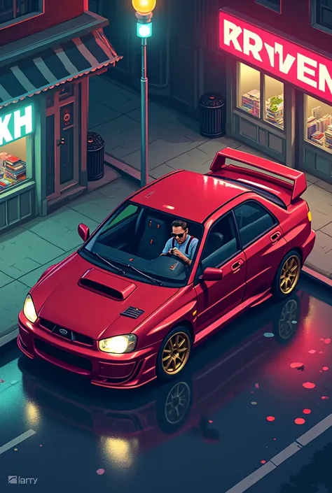 Create a highly detailed retro pixel art scene inspired by the movie Baby Driver. Focus on the red Subaru WRX STI with its iconic rally design, featuring a black hood scoop, golden alloy wheels, and a slightly rugged, street-ready appearance. The car is pa...