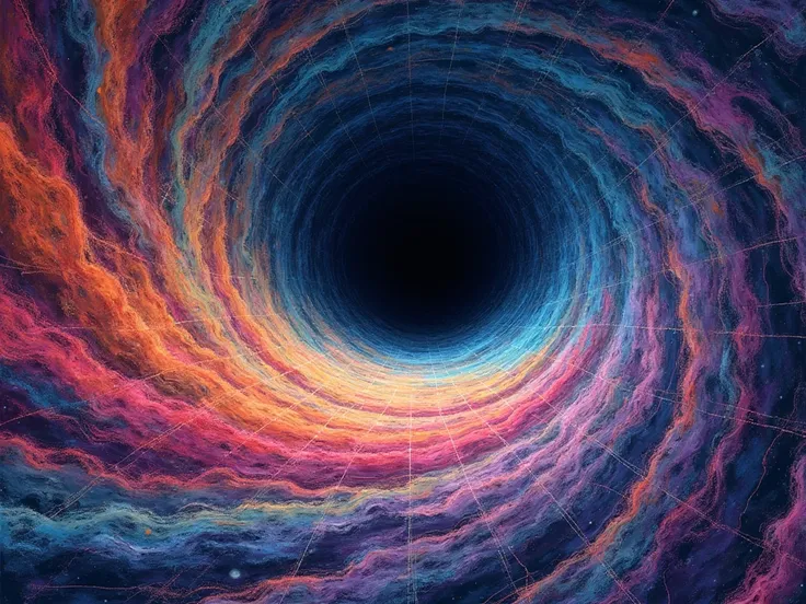 Illustration Style: A lateral view of a vivid, colorful chalk-textured depiction of space as a stretched and distorted space being pulled inward from all dimensions around a black hole sitting centrally, depicted as a deep, dark void that absorbs all light...