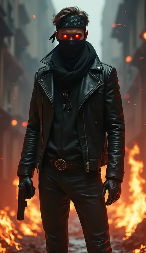  A young man in black leather ,  leather gloves, Leader Hose, leather riding boots ,  red glowing eyes ,  bandana headband , with flames in the background, a pistol in the right fist 