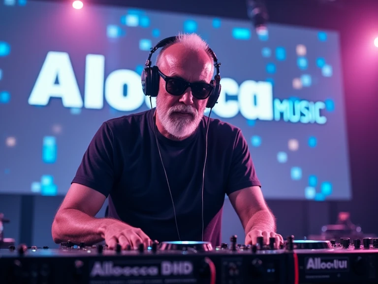 Create an image with a 45-year-old white man with a beard and short mustache, sunglasses, headphones behind a soundboard on top of a futuristic stage in the background with Allocca Music written on it.