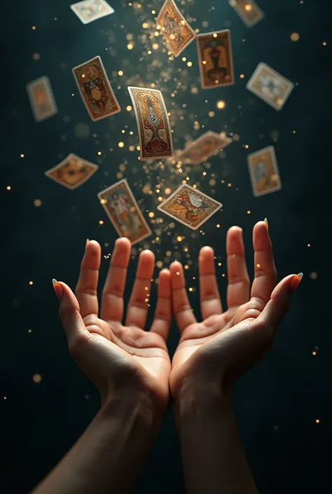 Hands throwing tarot cards with sparkles and sparkles 