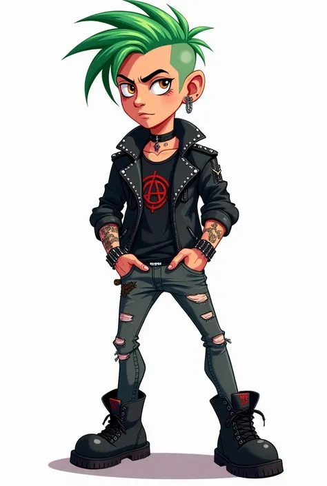 Create a cartoon-style 2D illustration of a punk (18-20 years old) with a rebellious attitude. He has spiky green hair, multiple piercings (ears, eyebrow), and tattoos (skulls, flames, anarchy symbol). Wears a black leather jacket with studs, ripped jeans,...