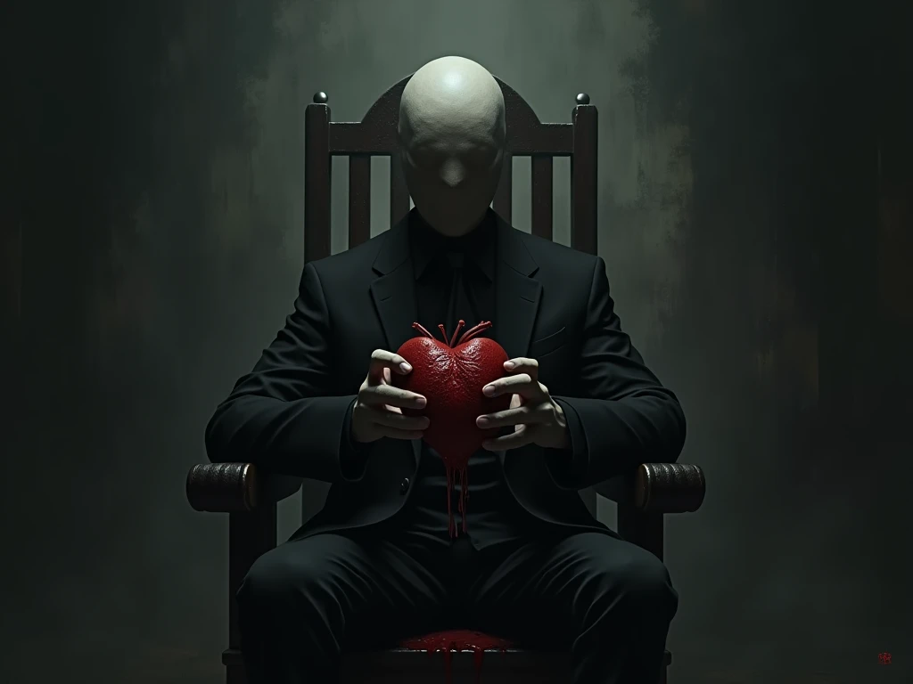 A man without a face sits on a chair with a bloody human heart in his hand