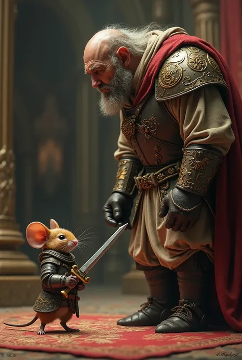 Little mouse dressed in soldier's armor and a tiny sword confronts a big, fat man dressed in medieval times.