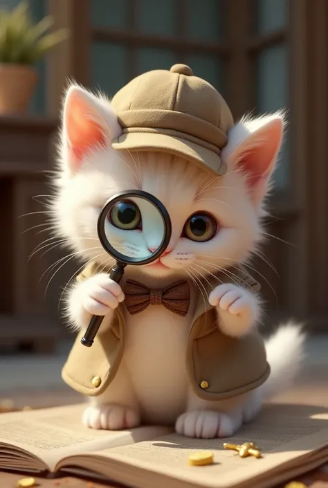 a cute white-furred kitten is wearing detective clothes: bow tie and hat, he is holding a magnifying glass and is looking for something 