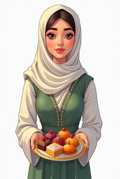 I draw a colorful cartoon character drawn in a full-body black script for an elegant Arab girl with a full body waiting in front to hold a plate of oriental sweets from which a sweet white background is served 