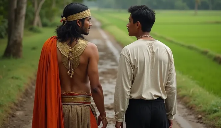 professional photo, photography, a 30 year old man from Indonesia, long hair, headband, soldier of the Majapahit kingdom, shirtless, orange shawl covering his shoulders, large gold necklace, gold shoulder bracelet, gold wrist bracelet, gold belt, cloth is ...