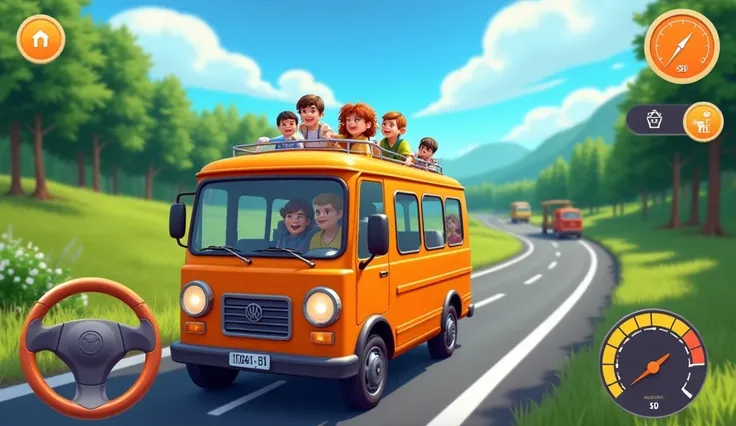 "Design a lively countryside road trip scene featuring an orange mini coach bus with passengers riding on the roof, enjoying the journey. Include a vibrant green forest landscape, a winding road, and other vehicles in the background. Add interactive gaming...