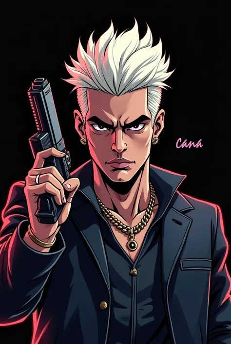 krozz , Cartoon, gta, Cover for live,  white hair, estlo, word "cana"  written on the image , man,  gun in the hand Mandrake style, Loocking,  black background.