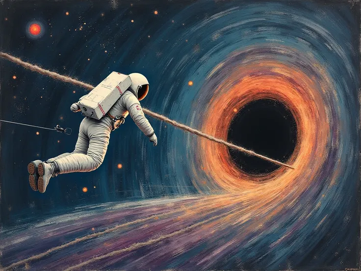 Create a chalk-style illustration where an astronaut is being stretched out as they get pulled toward a black hole. The astronaut absurdly stretched, their limbs pulled into thin strands. The textured chalk strokes should give the scene an energetic, raw l...