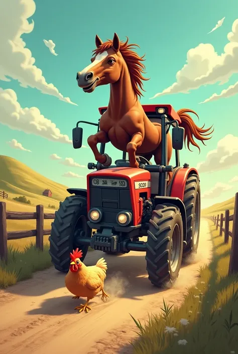 Horse on a tractor running over a chicken 