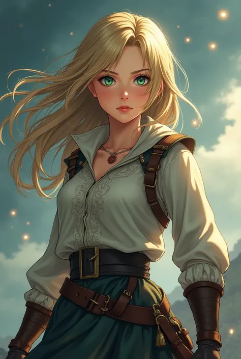 " Anime portrait of a young woman with heroic and adventurous style .  It has greenish blue eyes that reflect determination and courage . Her hair is dark blonde,  long and slightly disheveled by the wind ,  giving a natural and free air .  Her skin is cle...