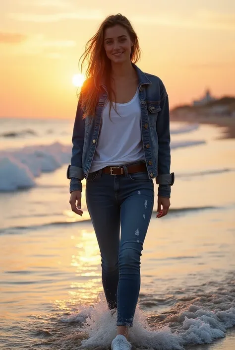  Very pretty woman walks  ,  Sympathetic smile walks on the beach .   She enjoys the sunset  .  Her clothes get completely wet  .  She is wearing tight dark blue skinny jeans with belt ,competent snare ,  a denim jacket completely wet  , a T-shirt complete...