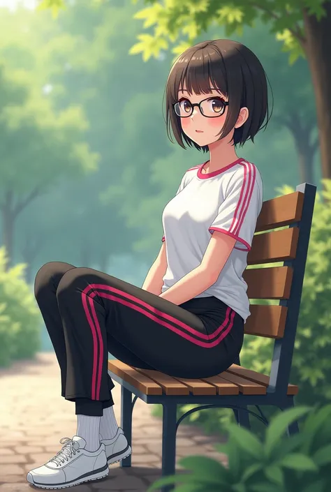 Anime woman with glasses is sitting on the bench with her white shortsleeved shirts with pink stripes, black adidas long pant with red stripes and white shoes with white socks