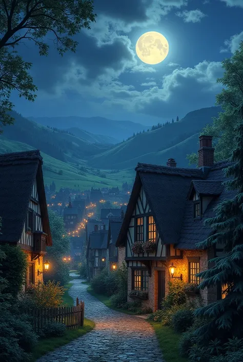 A French village under the full moon,  ultra detailed ,  high definition, inspiration j r r Tolkien 