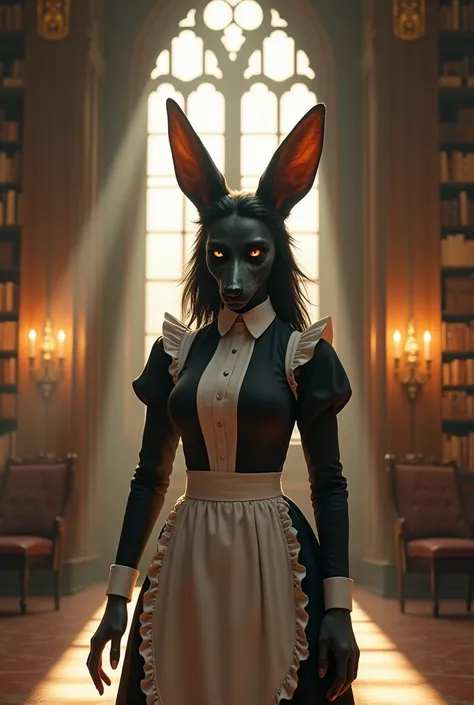 French House Maid and Anubis hybrid character in library. 