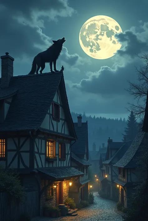 A French village under the full moon, un loup-garou se tient sur une maison et hurle à la lune,  ultra detailed ,  high definition, inspiration j r r Tolkien 