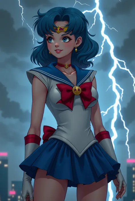 Sailor Mercury, Ami Mizuno from Sailor Moon is wearing a Nazi dress, The Red Bull logo on the chest, Alone, Smiling,  lightning in the background