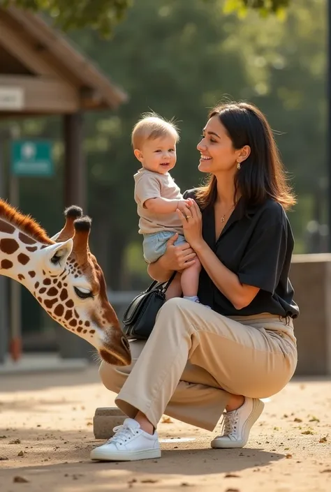 Hailey Bieber, 20 years,  straight and long black hair ,  fair skin , wearing a versatile outfit .  she wears a light black silk blouse and beige linen pants ,  combined with stylish white sneakers and a small black transverse bag. Hold your baby,  boy, Al...