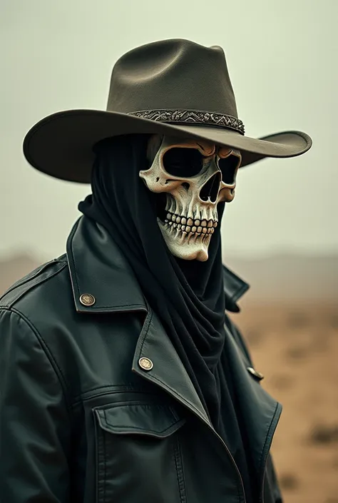 Create a wallpaper with a person wearing a skull mask and cowboy hat, all in art form 