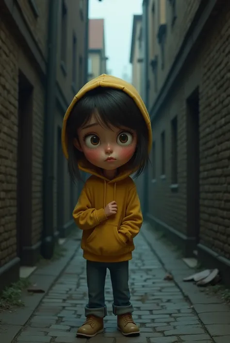 A cute animated girl with big, expressive brown eyes, wearing a yellow hoodie and jeans, standing scared and alone in a dimly lit, narrow alley with old brick walls, clutching her small dress, looking around nervously.