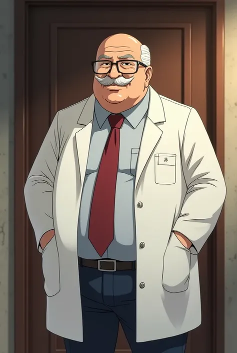 anime character with a mustache and glasses standing in front of a door, a character portrait inspired by Karl Gerstner, pixiv, shin hanga, professor clothes, an anime nendoroid of karl marx, elite scientist, thicc, with a lab coat, doctor, hide the pain h...