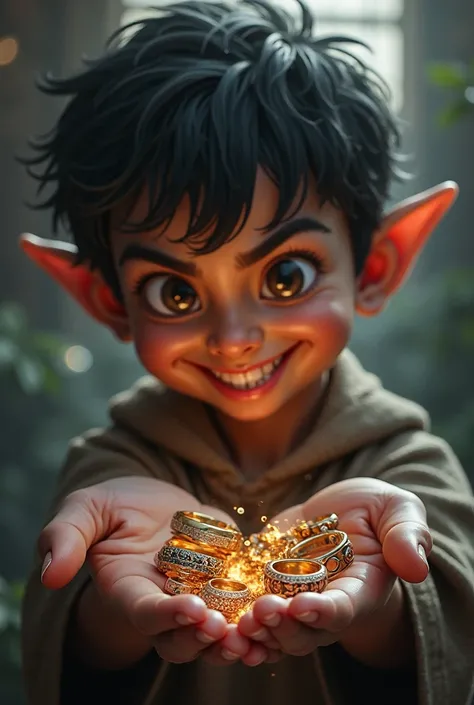 Boy who smiles a little wicked with lots of rings in the palm of his hand 