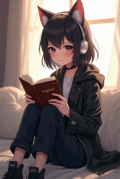  A single anime girl has cat ears, wears headphones, reads a novel entitled English and wears a leather coat, pants and sports shoes