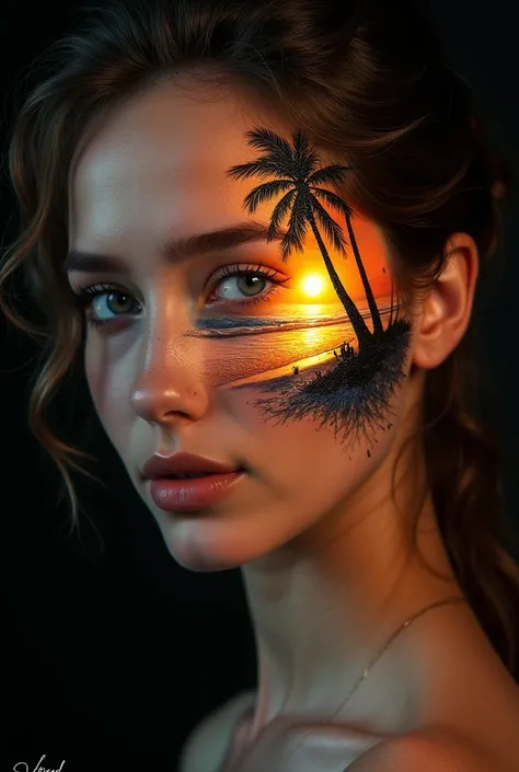 "Create a breathtakingly realistic portrait of a woman with ultra-detailed body art on her iris, showcasing a serene sunset on a beach with golden sand, palm trees, and a soft glow, all set against a black background with intricate textures