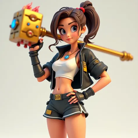 3d Animated busty tomboy brown rough ponytail hair right eye covered by red orange yellow highlights wearing blue fire charm necklace with lop sided zipper ruby embedded black short sleeved motorbike jacket sided zipper white short tube top underneath gold...