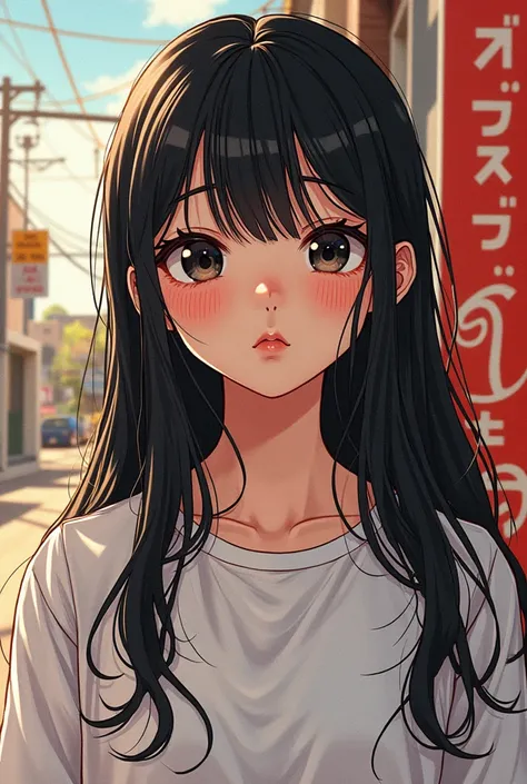 Create 17-year-old , manga cartoon style, Komi can't communicate,  black eyes,  long straight hair .