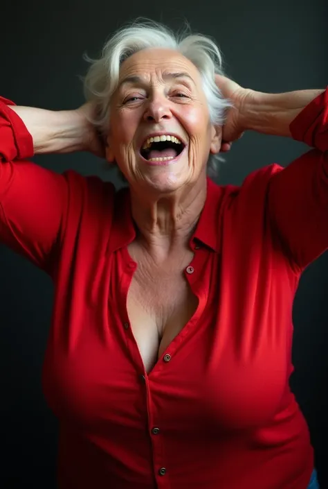 Seventy year old woman ,  your mouth is open ,He's wearing a tight red shirt that's unbuttoned in its entirety , Her breasts are huge and saggy and very wrinkled,She is showing her breasts,  She has her hands behind her head  