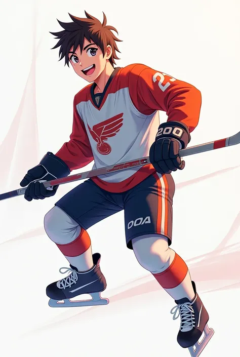 Anime bot, lean, handsome, hockey player, happy face, 