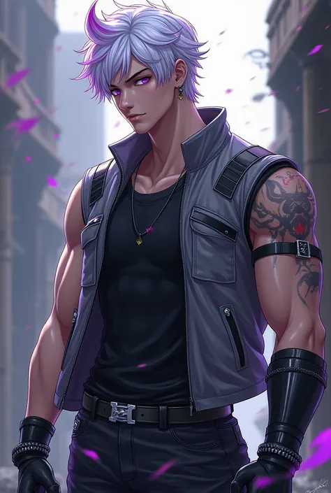  Anime boy, Medieval style, White hair with purple tips, violet eyes ,  sleeveless military gray jacket ,  muscular , black pants  ,  Black Shirt, armor