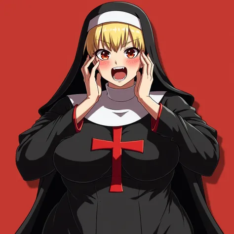 A anime nun, blonde, wearing an altered nun outfit of red and black color, hands on both cheek, voluptuous, reversed cross above her chest, crazed expression