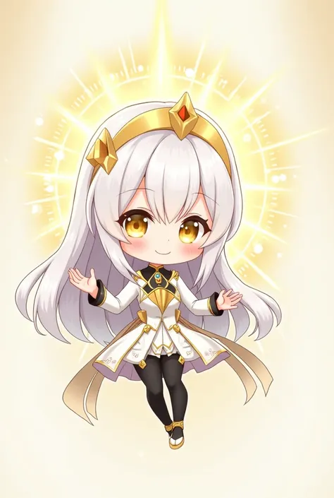  An anime chibi illustration of the Healing Light of Holozing .  She is a young woman with long white hair with golden reflections ,  eyes shiny golds and a gold tiara with star-shaped details on her bangs.  She wears an elegant white suit with gold and bl...