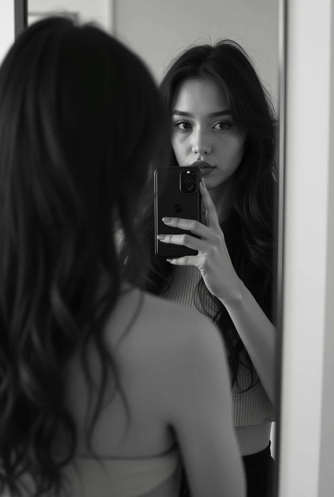 there is a woman taking a picture of herself with a mirror, a black and white photo inspired by Wang Duo, tumblr, surrealism, with a mirror, mirroring, in black and white, black and white filter, with long hair, two models in the frame, black and white pic...