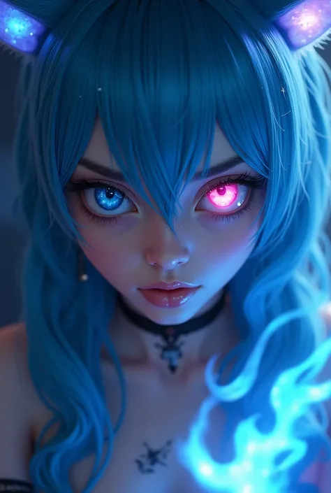 woman, face close-up, right eye blue, left eye pink, eyes reflecting stars, close-up of eyes, tattoo, big lips, choker, serious expression, long blue hair, blue cat ears, long black nails, leans forward, naked, serious, bright moon, flying blue flames, blu...