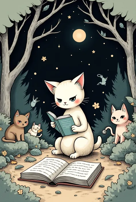 A sketched art piece that shows my love for reading, cats, fantasy characters and creatures, the night time, japanese food, and the woods