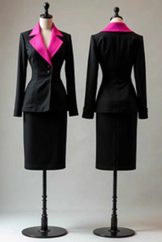 All-black women's uniform with collar in the color PINK. On a mannequin from the front, And another one on your back