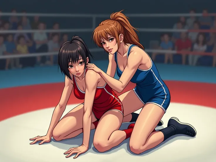 ultra detail, anime style. Match from the nineties. a female in a red freestyle wrestling singlet is on all fours in the center of the mat, and a female in a blue freestyle wrestling singlet is holding it from behind