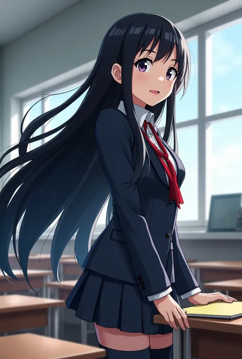 The background of My Hero Academia in room 1A the girl has long black hair, her hair is around the waist and wears the UA uniform