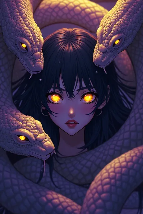 3 large snakes in the picture and half a head of a woman with yellow eyes and yellow purple wait and in anime style 