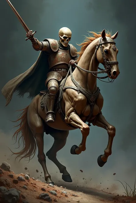 Skeleton knight on a rearing zombie horse, realistic, sword in hand Character Sheet Full-Length, 