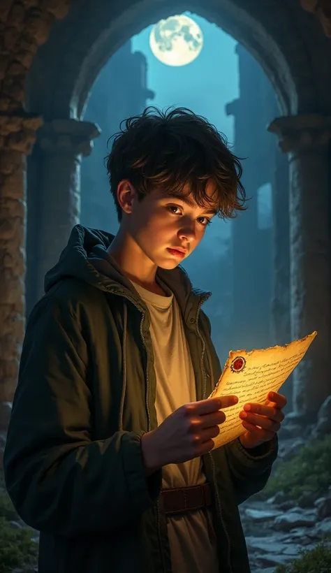 A young historian in an abandoned castle, holding an ancient letter with a broken wax seal. Moonlight streams in through a broken window, illuminating his surprised face.