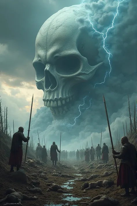  Medieval Battlefield with dead elves and minotaurs, Thunder sky with a skull cloud  