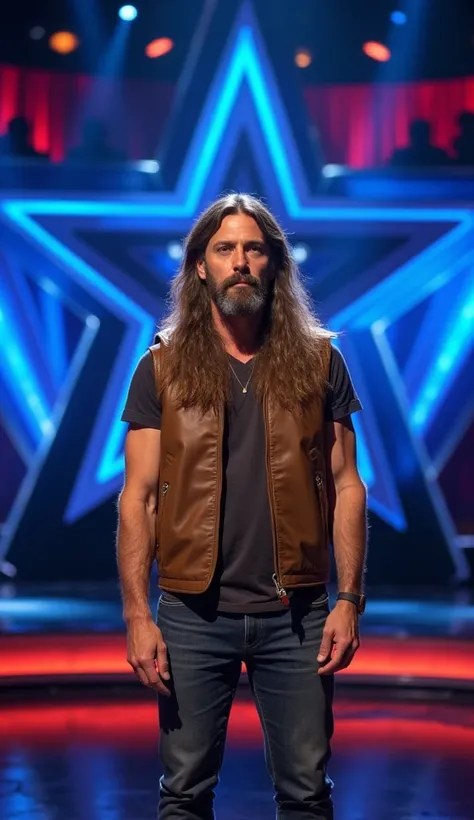 A man in his forties stands confidently on the grand stage of *America’s Got Talent*, wearing a brown vest that complements his rugged, yet refined appearance. His long hair flows freely, falling around his shoulders, and his thick, long beard adds to his ...