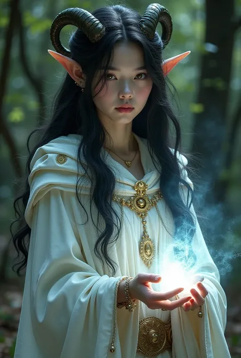  An 18-year-old elf girl ,  white skin,  black hair,  long and wavy,  golden eyes, curved horns,  using a white cloak with gold adornments,  style dark forest background she is conjuring a magic of light . DeD 