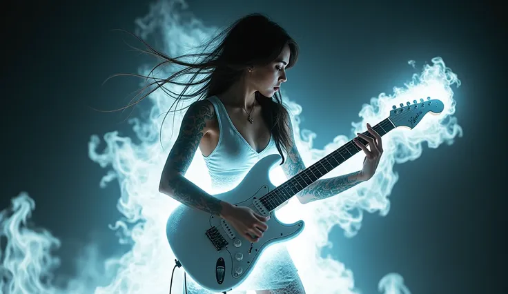 Close sexy woman, tattoo on arms, playing guitar, white fire aura ,  white fire energy, During the dark night , Epic scenario ,
